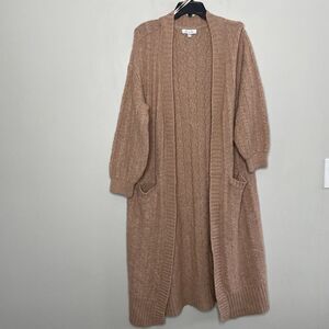 LOVE WHIT Cardigan Women Small Brown Cable-Knit Duster Sweater Pockets Oversized